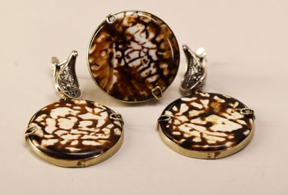 Coffee Fire Agate Ring & Earring Set
