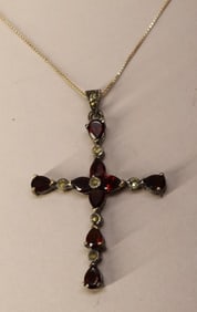 Sterling Silver Marcasite & Garnet Cross Pendant