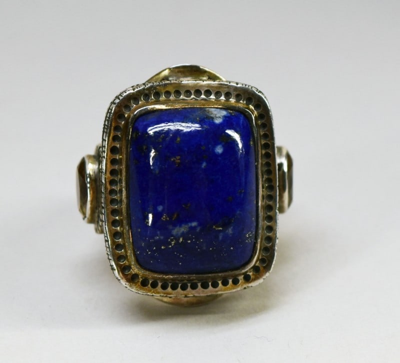 Silver Blue Lapis & Citrine Ring: Featuring A Silver Rin With A Large Blue Lapis Stone And Citrine Accents On The Side. Tested As Silver But Unknown Purity, Believe To Be Sterling, Size 8 3/4, 15g