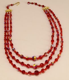 Three Strand Ab Red Glass Vintage Necklace