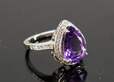 14k White Gold Amethyst & Diamond Ring