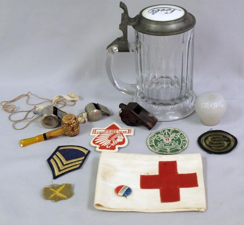 Collection of Vintage Boy Scout Patches: Together with Field Siren whistle, Echo whistle, Loeb's Beer Stein (crack on handle) and other items.