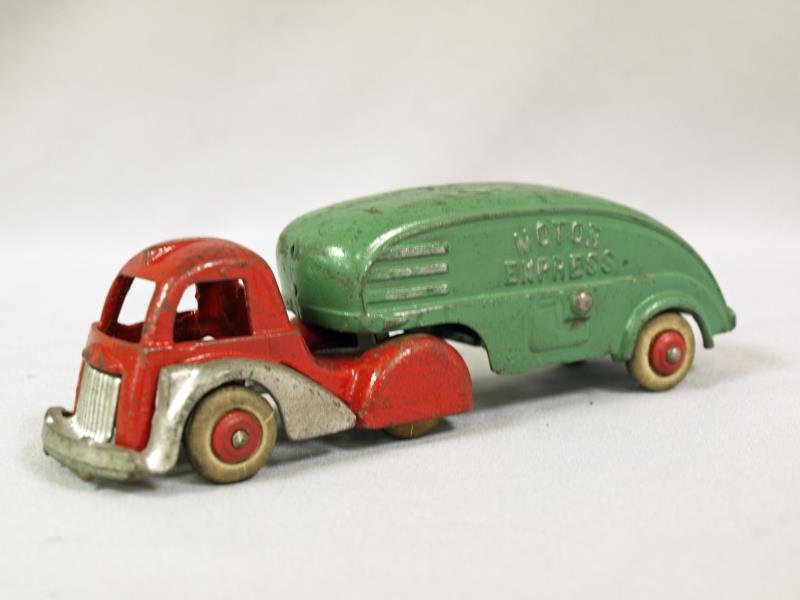 Buddy-L Motor Express Truck & Trailer: 1940's pressed steel, 8" long.