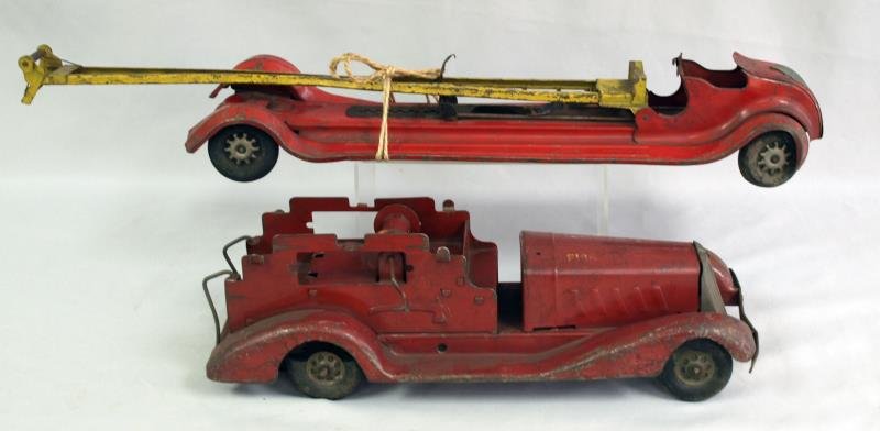 Vintage Pressed Steel Fire Trucks: The fire ladder truck is missing pieces as well as the other Wynadotte fire truck.
