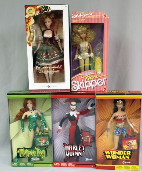 Collection of Barbie's: Wonder Woman, Harley Quinn, Poison Ivy & Oktoberfest Barbie's, together with Matel Skipper doll.