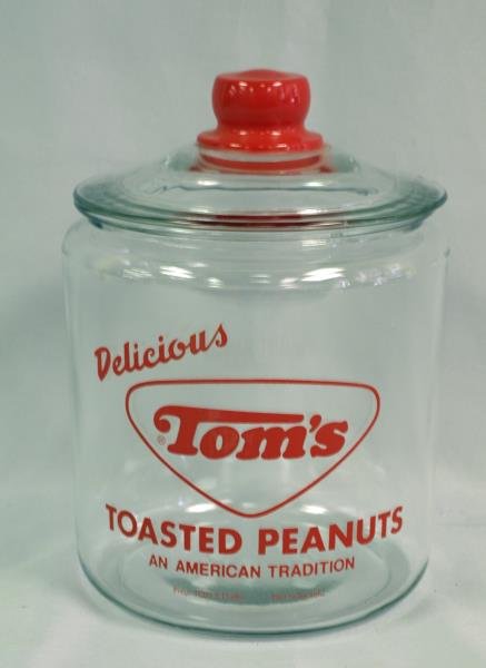 Tom's Toasted Peanuts Jar: Real nice large glass jar for Tom's Toasted Peanuts, An American Tradition, 11"x 7-1/2", large chip on lid , small chips on lid of jar