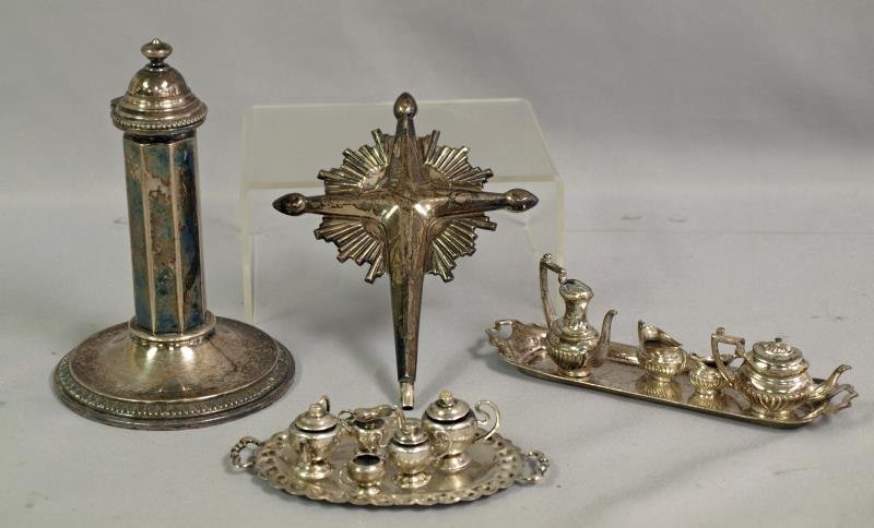 Collection of Sterling Items: Candlestick is 800 silver, cross is Sterling, believe smll tea sets are sterling, one tray is marked Ster ling