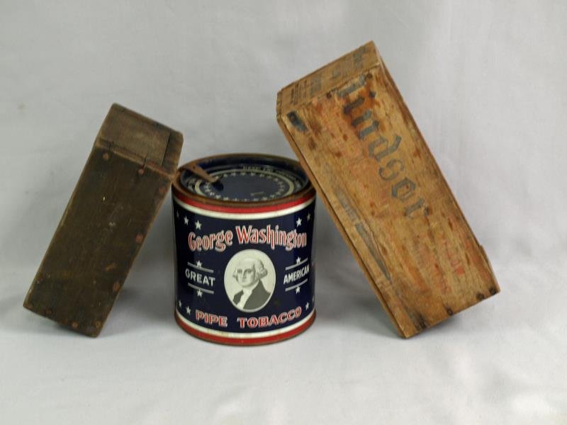 Vintage Boxes and Tobacco Tin: George Washington Tobacco tin along with Windsor American Cheese box and other little box