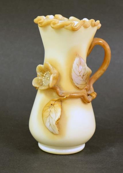 Antique Carmel Slag Glass Vase: With applied flowers and leaves. Standing 5.25" tall, with a smooth pontil. No nicks, chips or cracks.