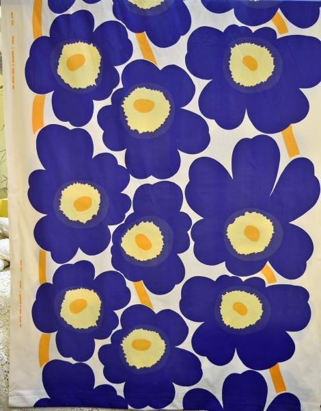 Mid-Century Blue Floral Marimekko Fabric: Dated 1965, marked Maija Isola "Unikko" Marimekko by Suomi Finland 1965, 52" x 132". Was used as a wall hanging and has a 3" hem on both ends. It hung 11 feet down the wall.