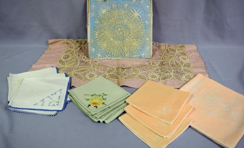 Collection of Vintage Tatting & Embroider Items: Consists of scarves, napkins, and dollies