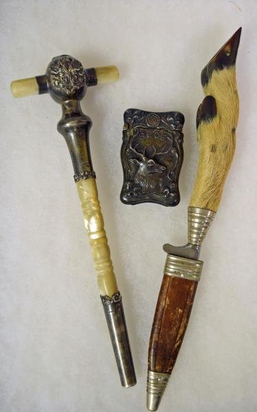 Sterling Silver and Mother of Pearl Cane Handle: Together with a sterling silver Elks Club match safe and a deer hoof letter opener.