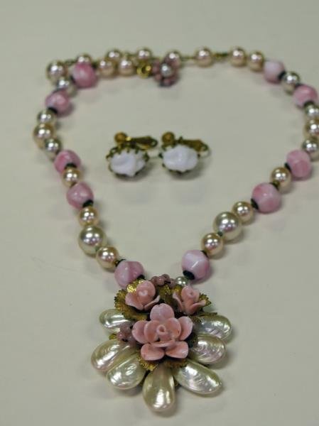Miriam Haskell Pink & Faux Pearl Necklace: Consisting of a 16" faux pearl and pink bead necklace and a pair of white glass chunk earrings. Both pieces are marked Miriam Haskell.