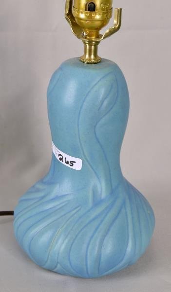 Van Briggle Reed & Flower Lamp: In the ming blue, measuring 12" tall and 6" wide, mint condition, never used, no nicks, chips or cracks, working. Circa 21st Century