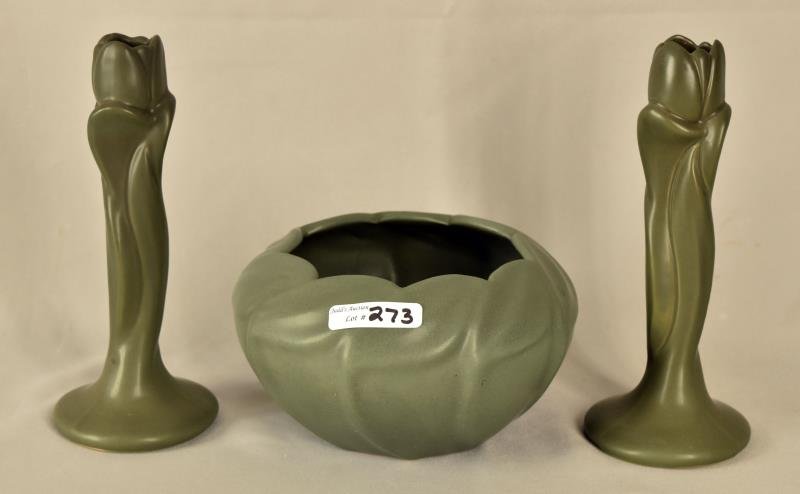 Van Briggle Philodendron Bowl & Candlesticks (1 of 4)