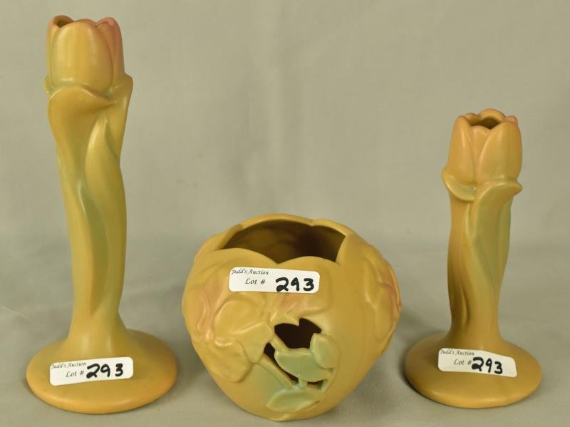 Van Briggle Pansy Bowl and Tulip Candlesticks (1 of 4)