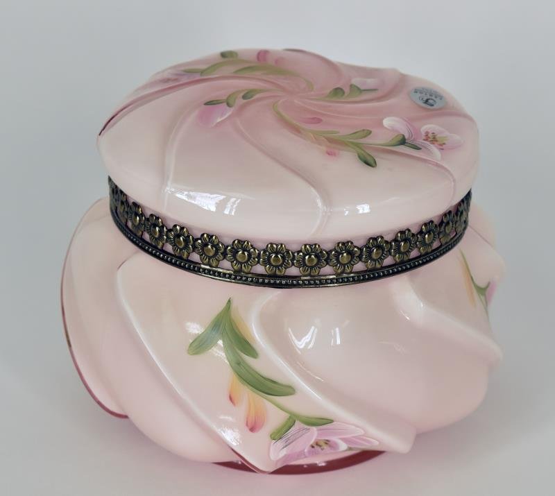 Fenton Wave Form Dresser Jar A hand painted wave form: A hand painted wave form dresser jar painted by J. Powell, excellent condition, no nicks, chips or cracks. 4.5" tall and 6" across.