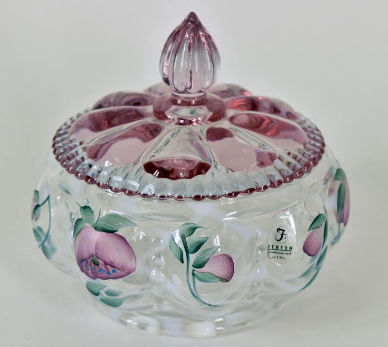 Fenton Painted Floral Covered Candy Dish Hand painted (1 of 2)