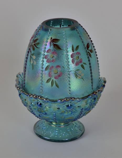 Fenton Aqua Carnival Glass Painted Fairy Lamp Hand: Hand painted by D. Barbour, measuring 6" tall and 4.5" across. No nicks, chips or cracks.