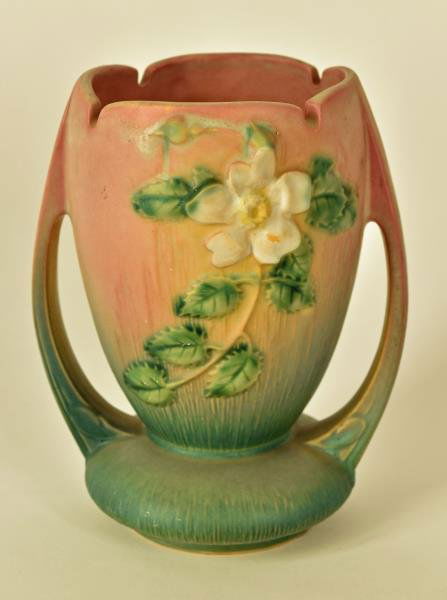 Roseville White Rose Two Handle Vase Marked Roseville, (1 of 3)