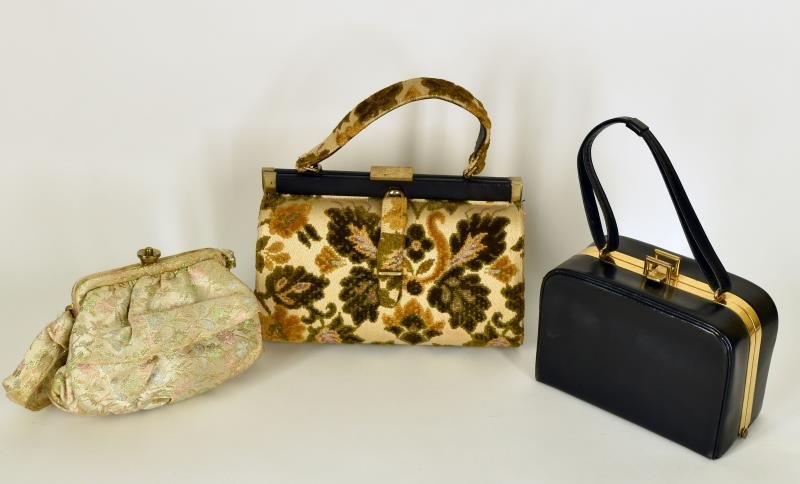 Group of Vintage Brocade Handbags Featuring Gray: Featuring Gray metallic bag, Meyers cloth bag and a calfskin Koret bag. All are in good condition.