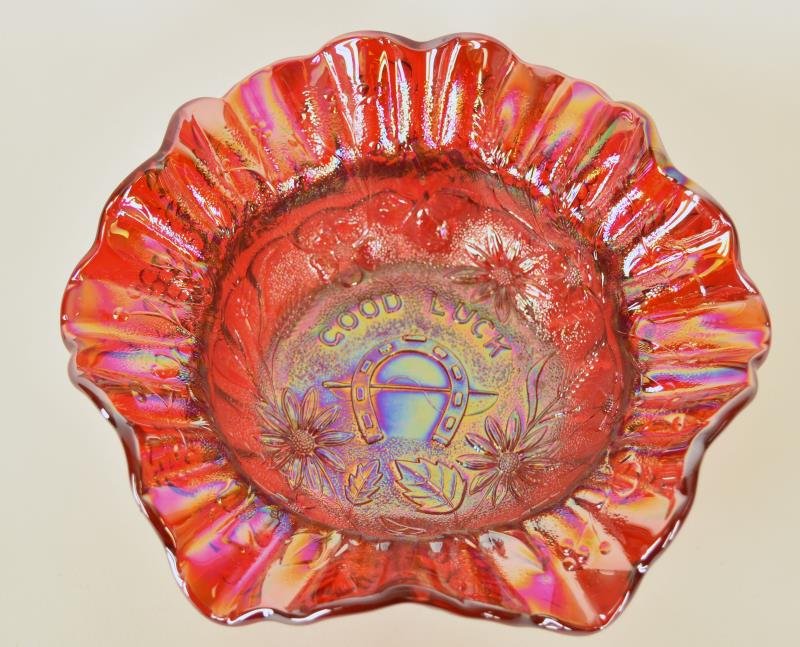 Fenton Carnival Glass Good Luck Bowl In the cherry red: In the cherry red carnival color, crimped edges with embossed grape exterior. The bowl is 3.5" tall and 9.5" across. In excellent condition, no nicks, chips or cracks.