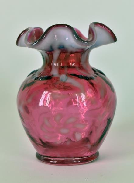 Fenton Cranberry Daisy & Fern Vase Featuring a ruffled: Featuring a ruffled edge and beaded jewels, measuring 4" tall and 3.5" wide, in excellent condition, no nicks, chips or cracks.