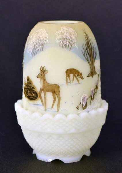 Fenton Custard Hand Painted Deer Fairy Lamp Featuring (1 of 3)