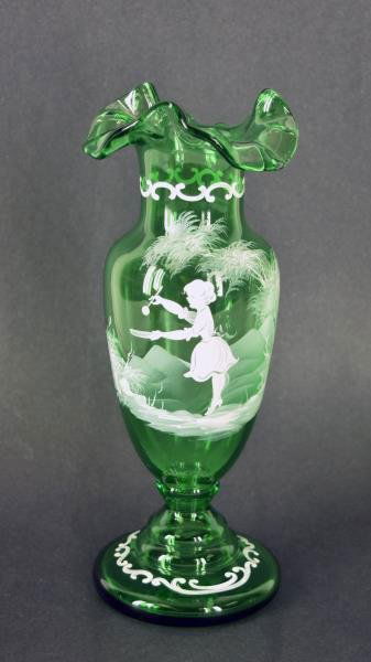 Fenton Green Mary Gregory Vase Featuring a ruffled (1 of 4)