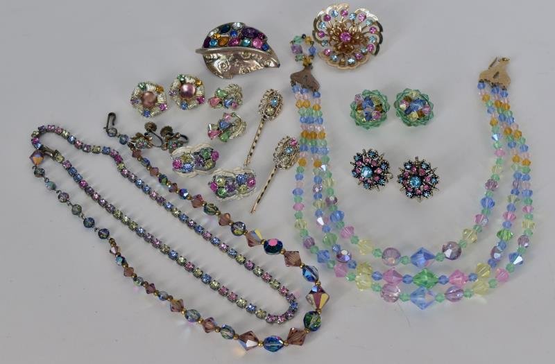Group of Multi-Colored Rhinestone Jewelry Necklaces,: Necklaces, earrings, pins and more.