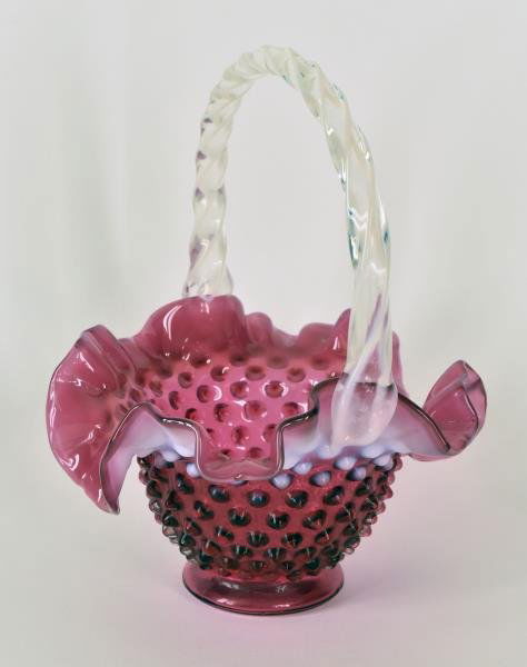 Fenton Cranberry Opalescent Hobnail Basket Featuring a (1 of 3)
