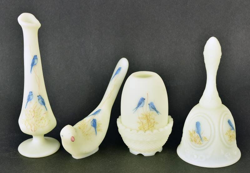 Fenton Hand Painted Blue Bird Custard Glass Consisting (1 of 3)