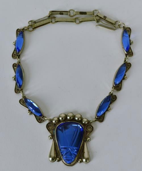Sterling Taxco Blue Mirror Aztec Necklace Hallmarked (1 of 3)