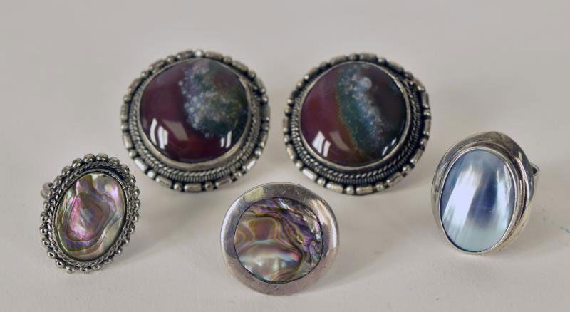 Abalone, Jasper and Mabe Pearl Jewelry The mabe pearl: The mabe pearl is marked Gordon 925, the abalone ring is marked Mexico CJ, the other pieces are unmarked.