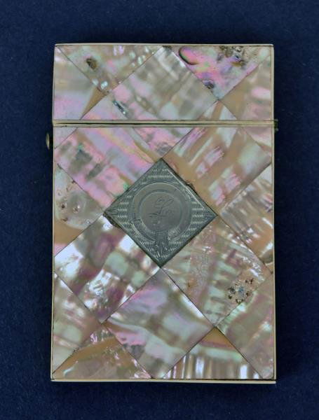 Antique Mother of Pearl & Abalone Card Case With a: With a silver monogram and bone frame.