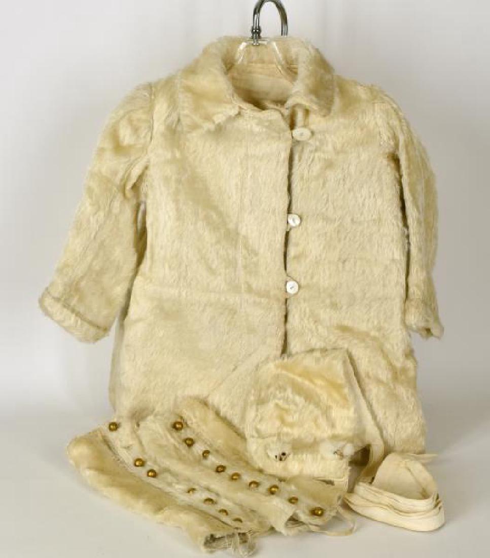 Vintage White Child's Winter Outfit: Consisting Of Hat, Leggings And Coat, The Hat Has Small White Mink Heads On The Sides, I don't thing the outfit is mink, just the mink faces on one side of the hat, the other side the has only one min