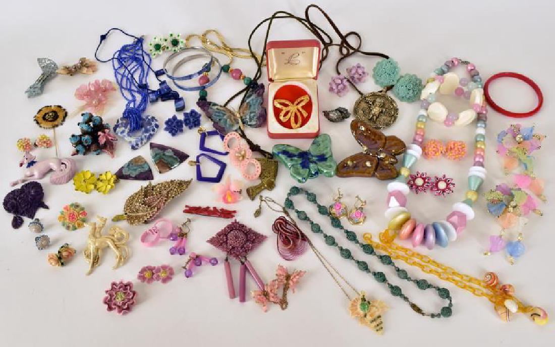 Collection Of Costume Jewelry: Consists Of Blue Seed Necklace With Heart Pendant, Necklace With Butterfly Pendant, Two Bolo Butterfly Rings, Two Abalone Bracelets And More