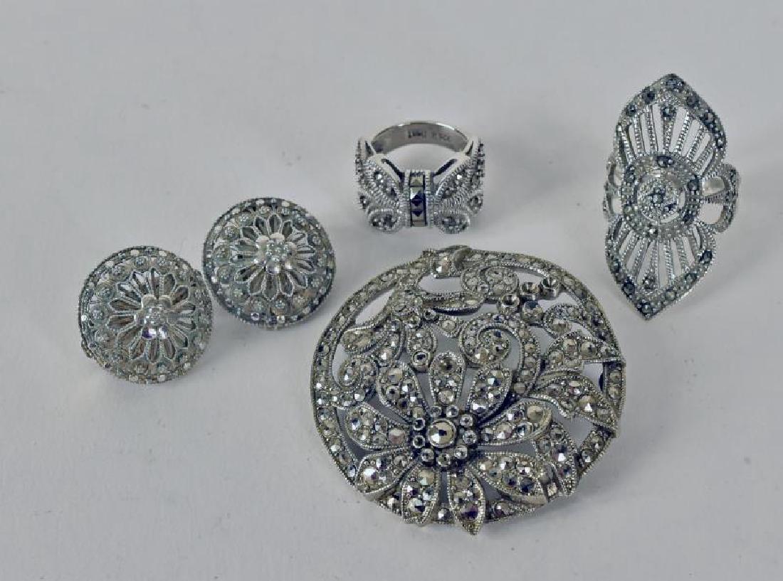 Collection Of Marcasite Jewelry: Includes Two Rings, One Pin And A Pair Of Earrings