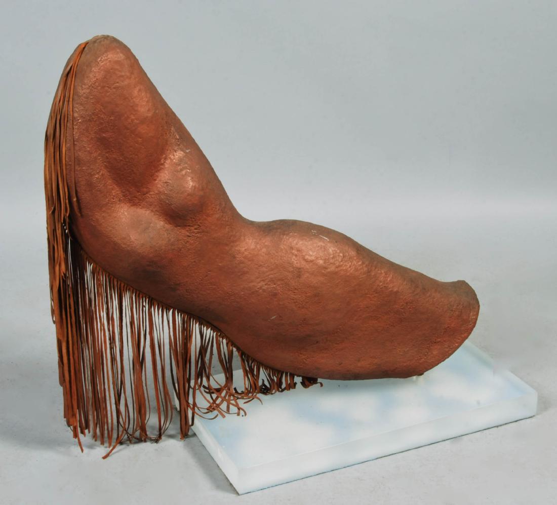 RETHA WALDEN GAMBARO (NATIVE AMERICAN, CREEK,: RETHA WALDEN GAMBARO (NATIVE AMERICAN, CREEK, 1917-2013), FORTON SCULPTURE "SOARING SPIRIT" with brown patina and leather tassels and mounted on a plexiglass base; h: 28 x l: 33 in. Provenance: Retha