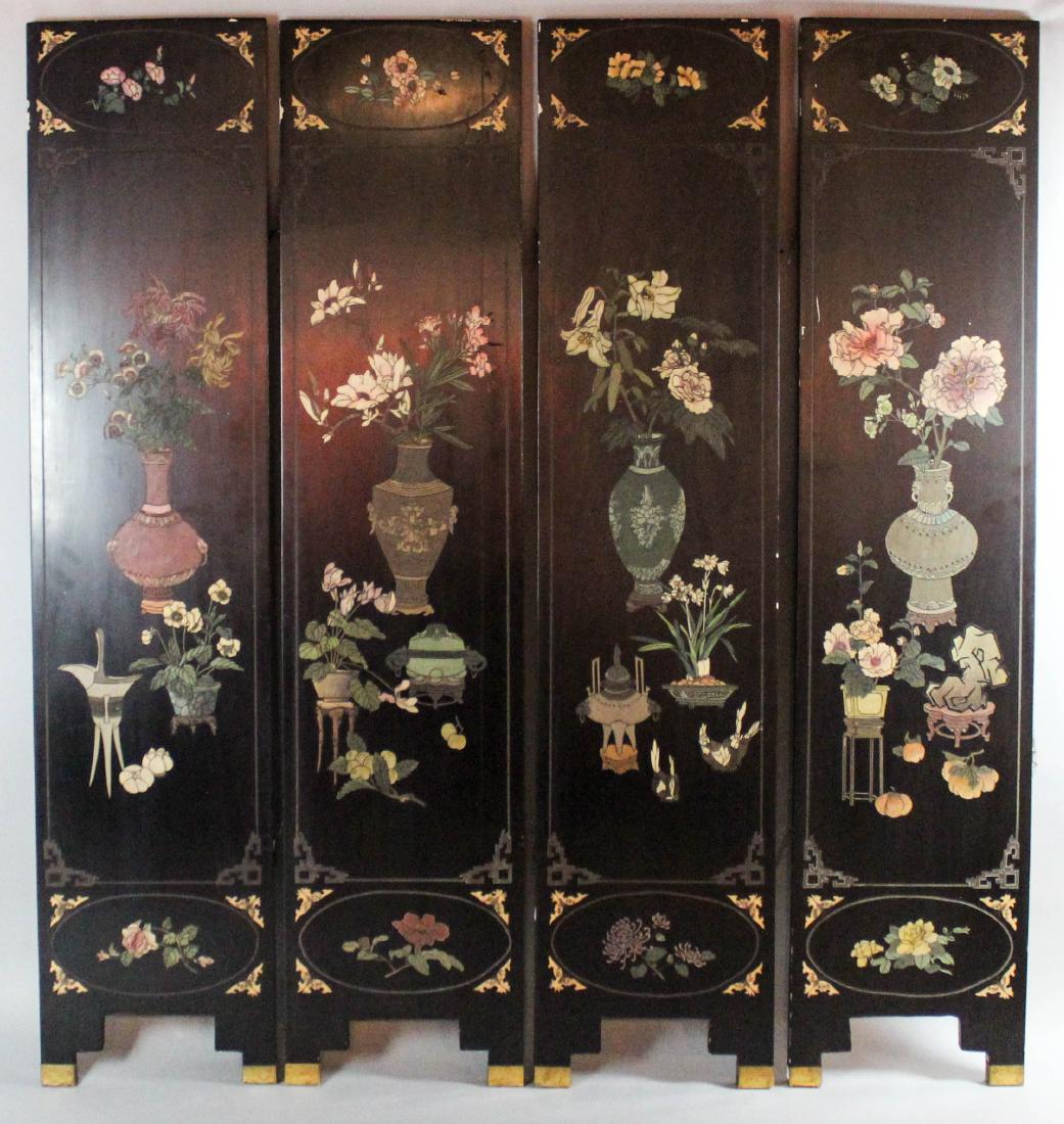 CHINESE CARVED POLYCHROME LACQUER FOUR-PANEL SCREEN (1 of 3)