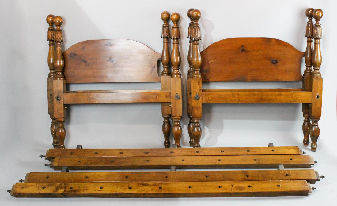 PAIR OF TWIN CANNONBALL CARVED MIXED WOOD BED FRAMES (1 of 3)