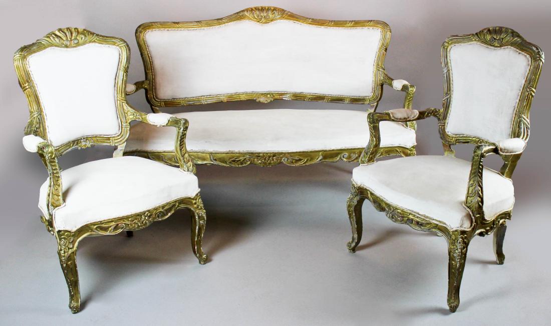 LOUIS XV STYLE GILDED CANAPE SOFA, EN SUITE WITH TWO (1 of 4)