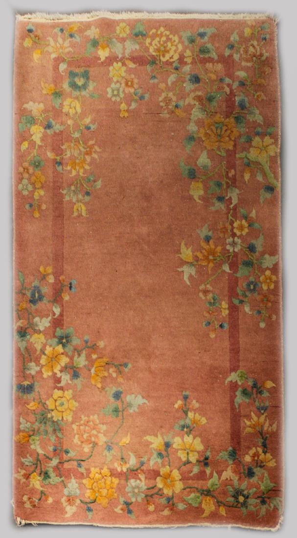 CHINESE NICHOLS WOOL RUG: CHINESE NICHOLS WOOL RUG floral design on a soft dusty rose field with inset border, colors include blue, green, mustard, and rust, very short fringe to ends, approx. 6'10" x 3'11"