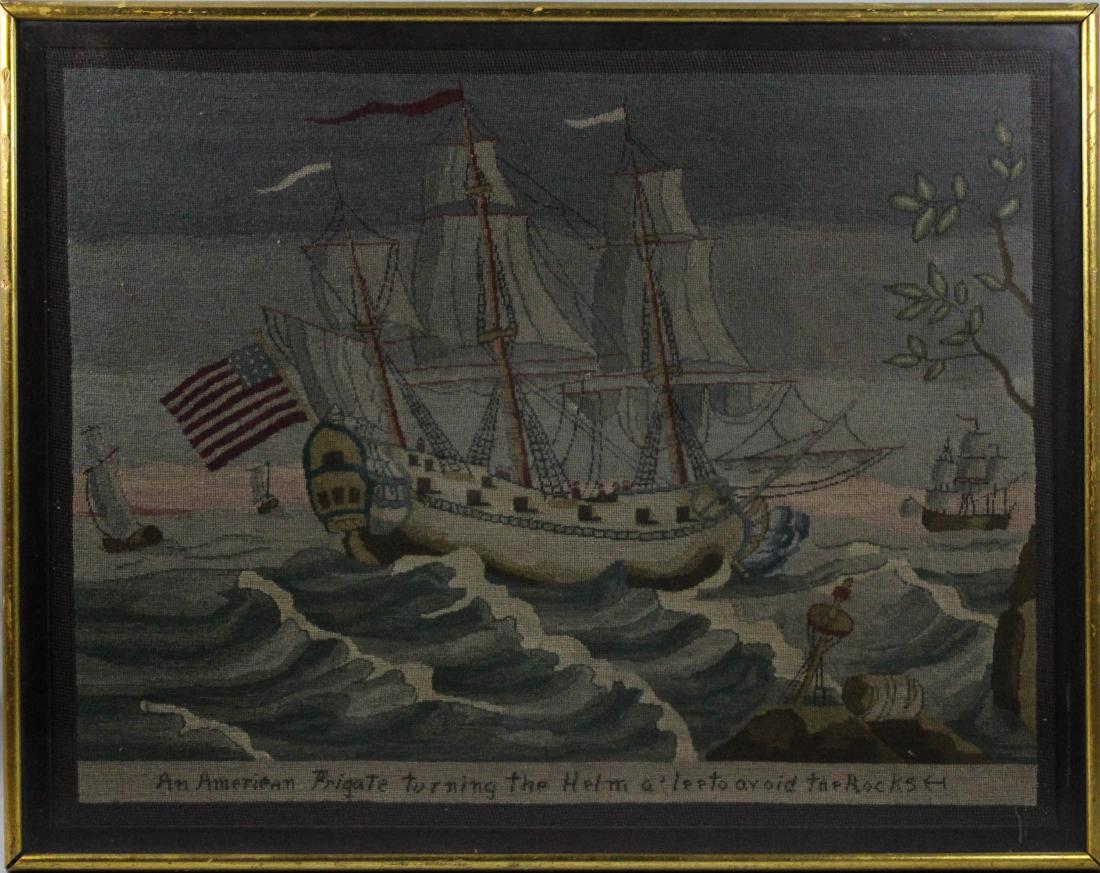 JAPANESE EXPORT SILK EMBROIDERY: JAPANESE EXPORT SILK EMBROIDERY the framed rectangular textile stitched with a frigate in full sail on cresting waves by rocks