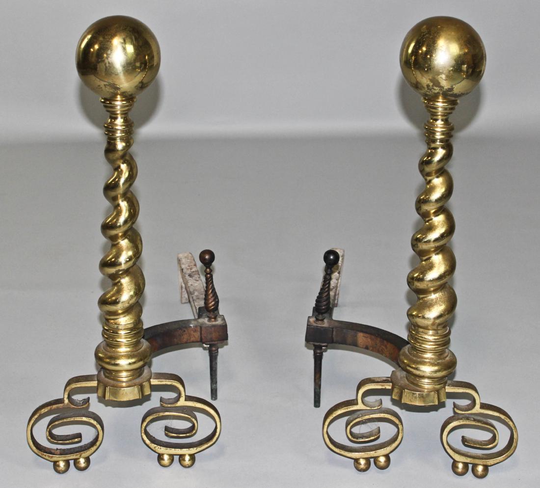 PAIR OF BRASS BALL TOP BARLEY TWIST ANDIRONS (1 of 1)