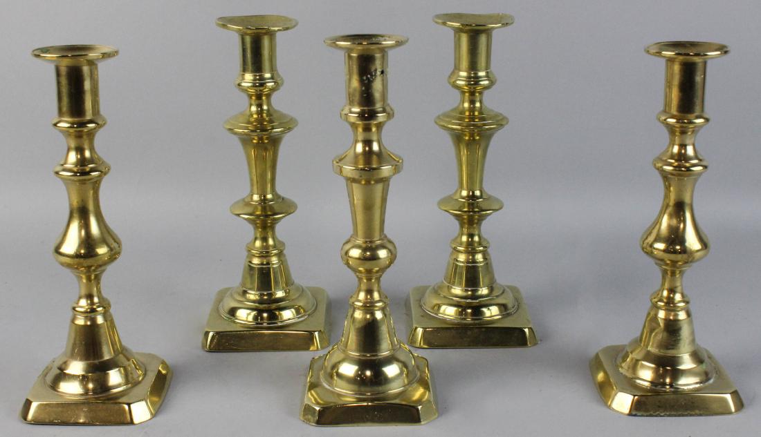 GROUP OF FIVE BRASS CANDLESTICKS (1 of 1)