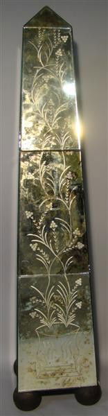 VENETIAN STYLE ETCHED MIRRORED OBELISK: Acid etched floral design along tapering obelisk form, raised on ball feet h: 71 x w: 15.50 x d: 15.50 in.