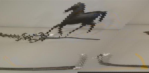 GROUP OF GENTLEMAN'S ACCESSORIES: Including a wrought iron horse form weathervane; a collapsible pool cue in case; a jew's harp; a staghorn-handled leather riding crop; a leather and glass flask with cup, a wooden handled cork screw a