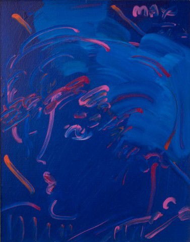 PETER MAX OIL PAINTING ON CANVAS OF WOMAN: Peter Max (German/American 1937). Depicts the profile of a woman. Fabulous pinks and reds over a purple background in the unmistakable Peter Max style. Signed upper right. Also signed to back. Dated 1