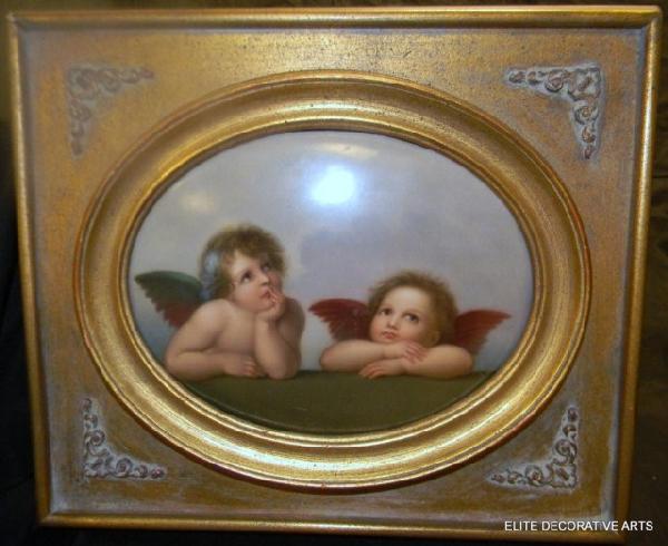 KPM GERMAN PORCELAIN PLAQUE IN FRAME OF CHERUBS: Magnificent oval hand painted porcelain plaque depicting cherubs. Fitted into wooden frame. Made by the Kaizer Porcelain Manufacturing company in Germany. Marked to back. Late 19th Century. Measures 9